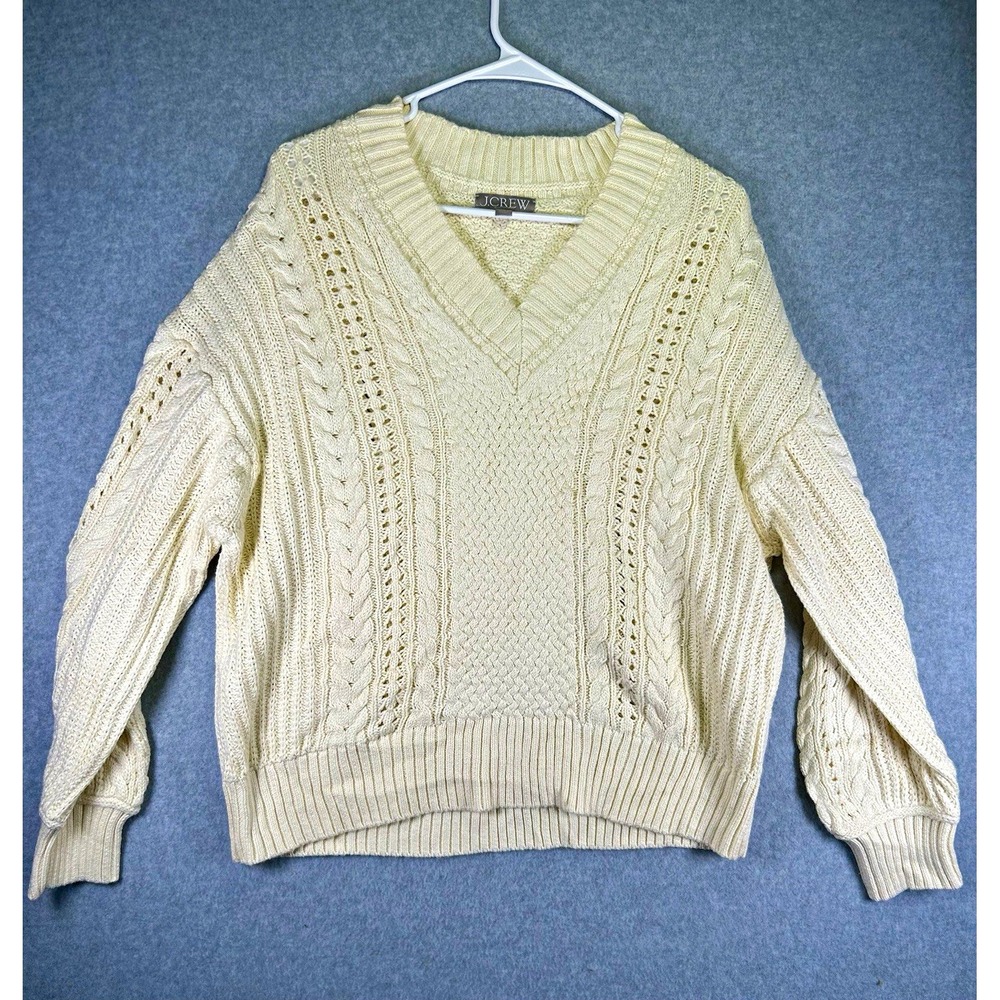 J.CREW Womens M Ivory Cotton Cable Knit V Neck Long Sleeve Pullover Sweater
